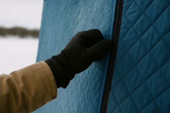 Gloved hand knocking on the wooden frame of a shelter door
