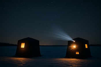Angler holding up a lantern as a signal between shelters