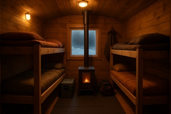 Warm ice shelter interior with stove, bunk and hanging jackets