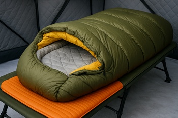 Winter sleeping bag and mat arranged neatly on a bunk