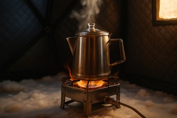 Small stove with a metal mug giving off steam in a shelter
