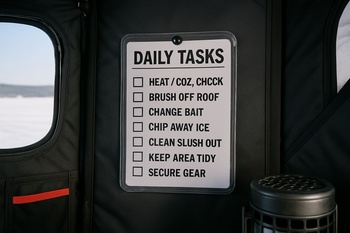 Small checklist cards pinned to a wooden shelter wall