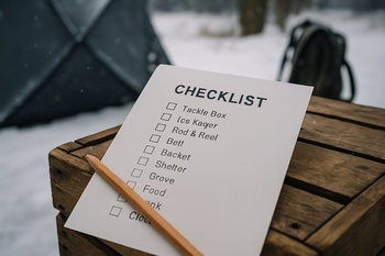 Pencil and checklist resting on a crate used as a camp table
