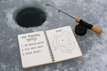 Simple camp sketch and lake map spread out on a bench