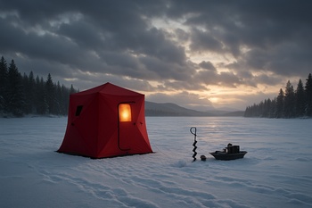 Warm shelter glowing on the ice with tracks leading back to it