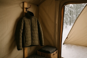 Headlamp and jacket hanging from a hook above the shelter door