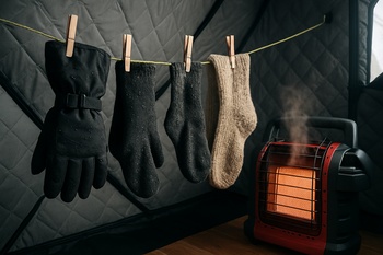Gloves and socks drying on a short line inside a shelter