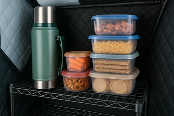Small wooden shelf with a thermos, cups and simple snacks