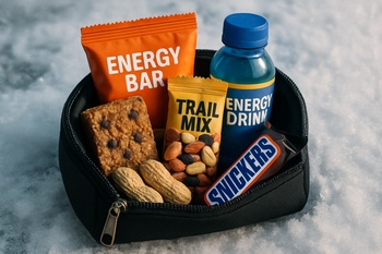 Simple snack bag and spoon laid out on a camp bench