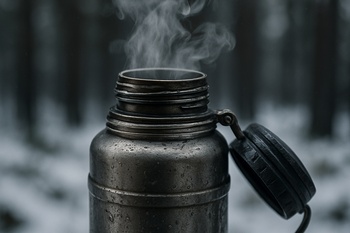Thermos pouring steaming drink into a metal mug in the shelter