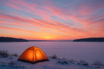 Soft dawn light over a frozen lake viewed from the shelter door
