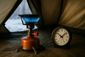Small clock and stove together on a shelf for a morning check