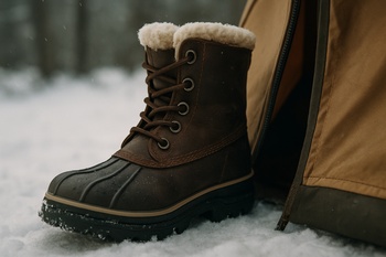 Boot standing at the open shelter door looking out onto cracked ice