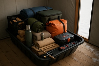 Packed sled parked next to the shelter door ready for morning