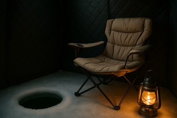 Small camp chair next to a lantern inside a shelter