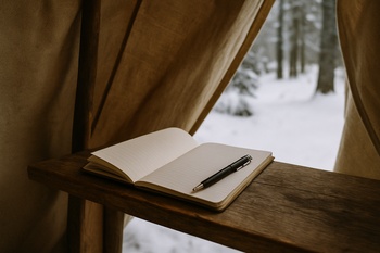 Narrow shelf with a notebook and mug in a quiet shelter corner