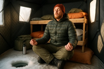 Angler sitting on the bunk edge taking a slow breath