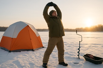 Angler doing a slow stretch outside the shelter in winter gear