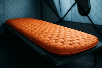 Insulated sleeping mat laid out on a wooden bunk