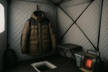 Wet winter coat hanging from a hook near the camp door