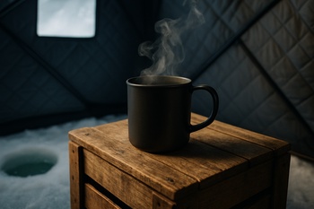 Metal mug and small notebook on a crate used as a camp table