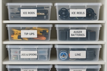 Labeled boxes holding winter tackle and drill cards