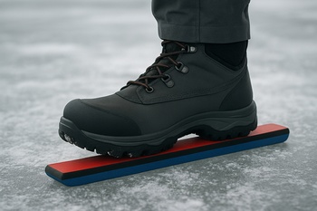 Boots standing on a faint line scratched into clear ice