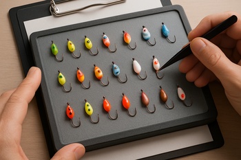 Winter lures pinned on a small board with short notes