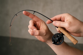 Rod bending over a hole while line cuts through the ice