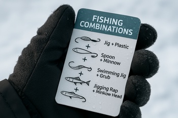 Gloved hand holding a small combo drill card over the ice