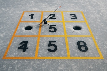 Short line of drill marks and arrows drawn in snow