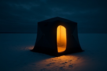 Warm light shining from an ice shelter door at dusk