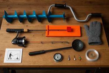 Winter gear pieces neatly lined up on a dark bench