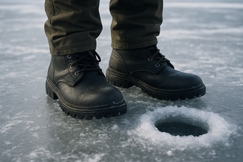 Close view of an angler's boots planted firmly on frosted ice