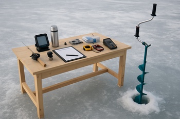 Winter lures and tools laid out on a dark ice bench