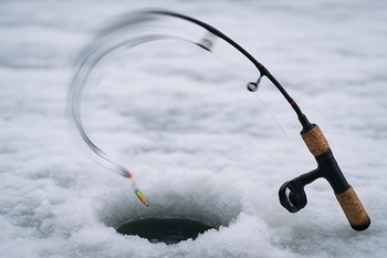 Rod tip flexing over a small ice hole during a drill