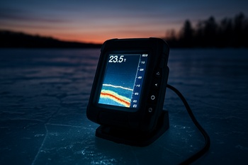 Ice sonar screen glowing inside a small shelter
