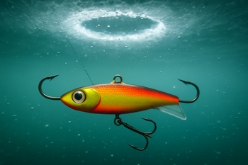 Winter lure swinging sideways under a clear ice test hole