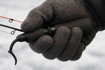 Gloved hand gripping a winter rod handle firmly