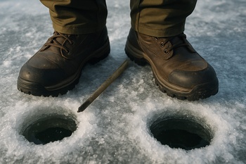 Two close ice holes with boot prints between them