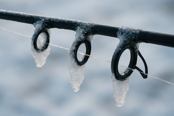 Rod guides covered in frost and ice crystals
