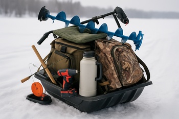 Overpacked sled with gear leaning to one side on the ice