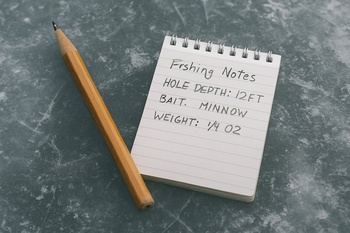 Small pencil and card resting on ice next to a hole