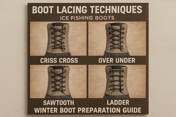 Winter boots with laces tightened and tucked on top of the tongue