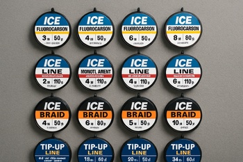 Winter line spools arranged in a neat row on a bench