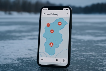 Phone with a basic ice track map resting on a gloved hand