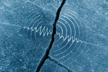 Close view of a fresh ice crack running under thin snow