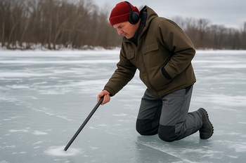 Spud bar resting next to a test mark on clear ice