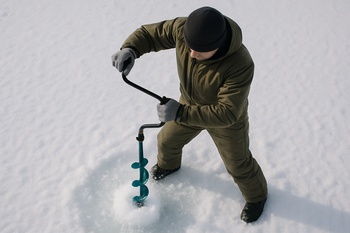 Angler drilling a straight line of holes across flat ice