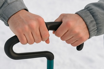 Close view of a gloved hand holding an ice auger handle